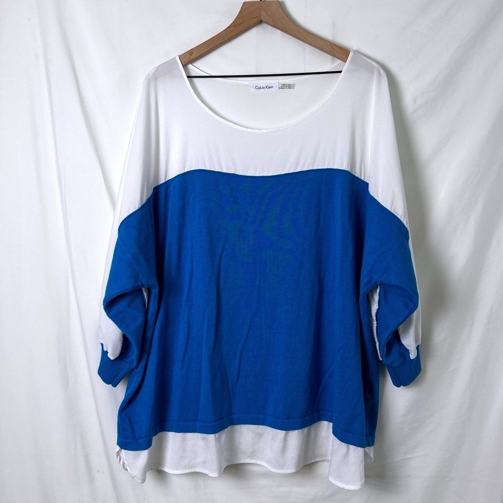 Calvin Klein Womens Colorblock Blouse Size 3X Blue White Lightweight Minimalist